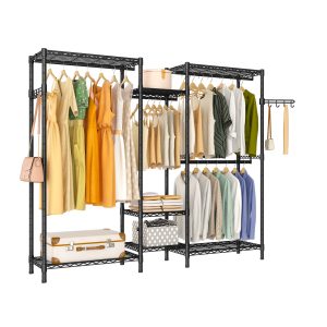 Heavy Duty Garment Rack, Wardrobe Clothe Rack Organizer, 7 Tiers Adjustable Wire Shelving 4 Hanger Rods and Side Hooks,B3, Black