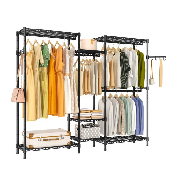 Heavy Duty Garment Rack, Wardrobe Clothe Rack Organizer, 7 Tiers Adjustable Wire Shelving 4 Hanger Rods and Side Hooks,B3, Black