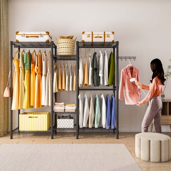 Heavy Duty Garment Rack, Wardrobe Clothe Rack Organizer, 7 Tiers Adjustable Wire Shelving 4 Hanger Rods and Side Hooks,B3, Black - 图片 2