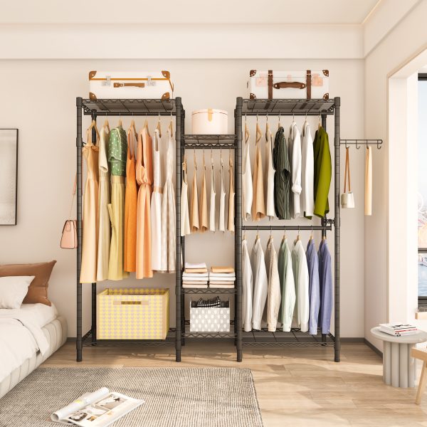 Heavy Duty Garment Rack, Wardrobe Clothe Rack Organizer, 7 Tiers Adjustable Wire Shelving 4 Hanger Rods and Side Hooks,B3, Black - 图片 3