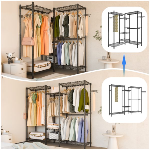 Heavy Duty Garment Rack, Wardrobe Clothe Rack Organizer, 7 Tiers Adjustable Wire Shelving 4 Hanger Rods and Side Hooks,B3, Black - 图片 4