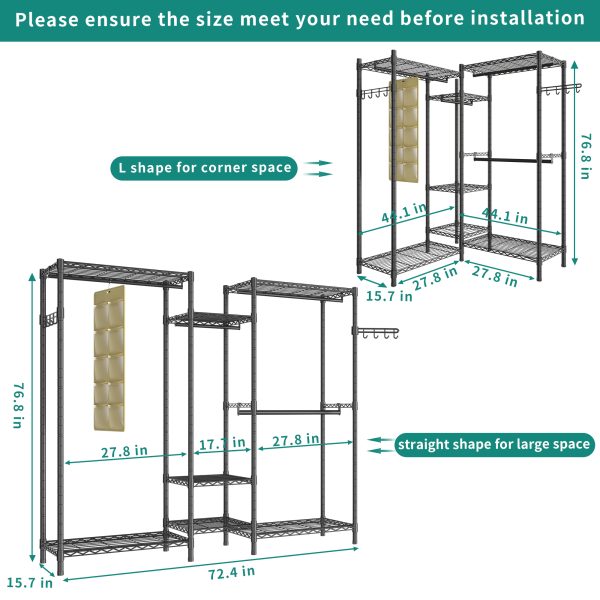 Heavy Duty Garment Rack, Wardrobe Clothe Rack Organizer, 7 Tiers Adjustable Wire Shelving 4 Hanger Rods and Side Hooks,B3, Black - 图片 5