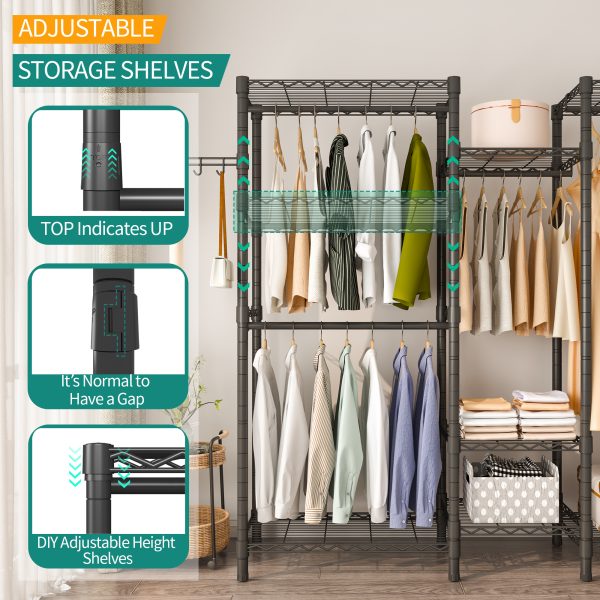 Heavy Duty Garment Rack, Wardrobe Clothe Rack Organizer, 7 Tiers Adjustable Wire Shelving 4 Hanger Rods and Side Hooks,B3, Black - 图片 6