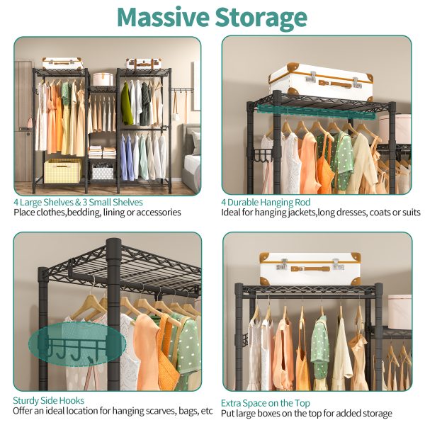 Heavy Duty Garment Rack, Wardrobe Clothe Rack Organizer, 7 Tiers Adjustable Wire Shelving 4 Hanger Rods and Side Hooks,B3, Black - 图片 7