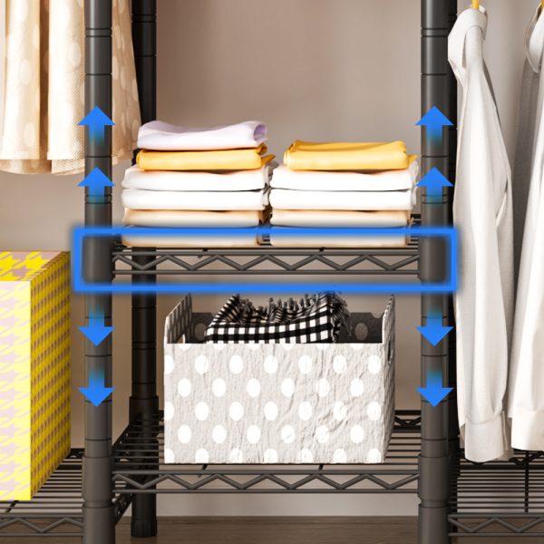 Heavy Duty Garment Rack, Wardrobe Clothe Rack Organizer, 7 Tiers Adjustable Wire Shelving 4 Hanger Rods and Side Hooks,B3, Black - 图片 8
