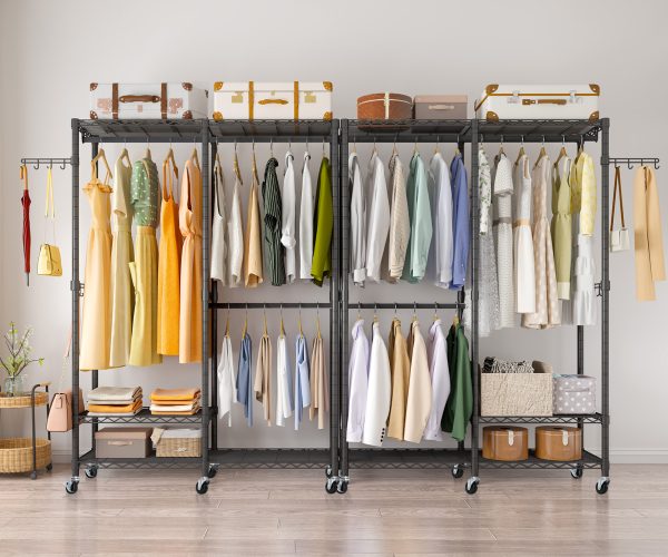 Exglobol Heavy Duty Rolling Garment Rack, 3 Tiers Height Wire Adjustable Rolling Clothing Rack with Lockable Wheels, Portable Freestanding Closet Rack with 2 Hanger Rods for Hanging Clothes - 图片 5
