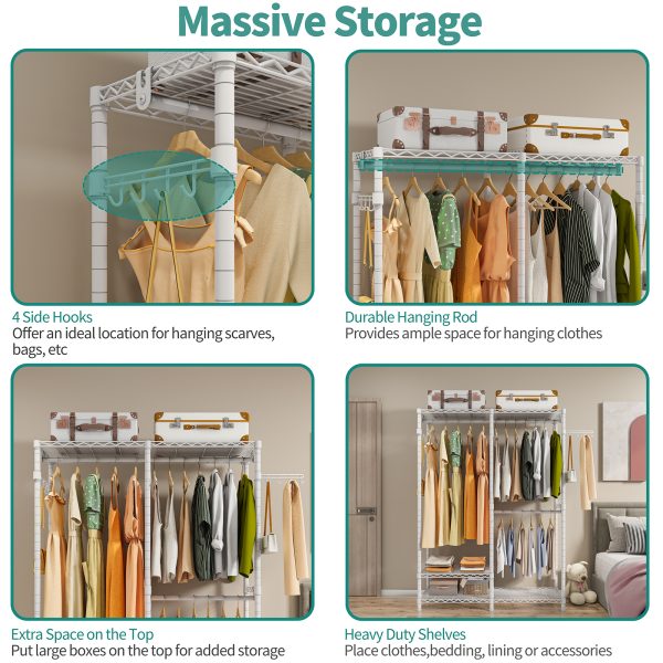 Exglobol Heavy Duty Garment Rack, Metal Closet Organizers and Storage, Wardrobe Clothing Racks for Hanging Clothes, 3 Tiers Adjustable Wire Shelving with 2 Hanger Rods and Side Hooks, White - 图片 2