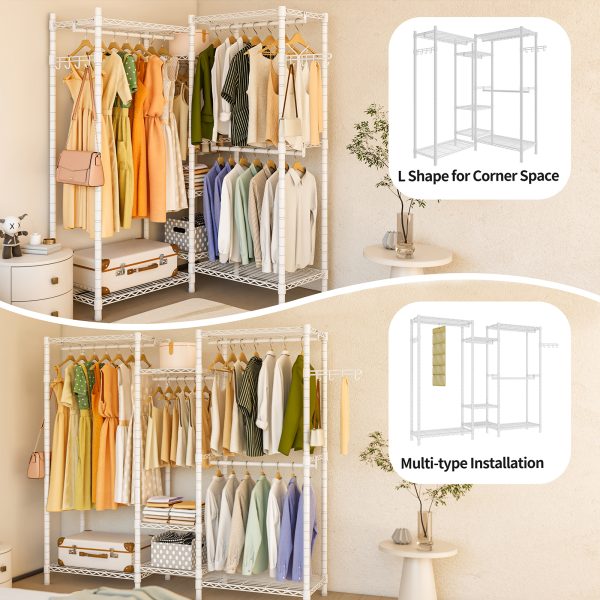 Exglobol Heavy Duty Garment Rack, Portable Wardrobe Clothes Rack Freestanding Adjustable Clothing Rack with 7 Tiers Adjustable Wire Shelving & 4 Hanger Rods, White - 图片 6