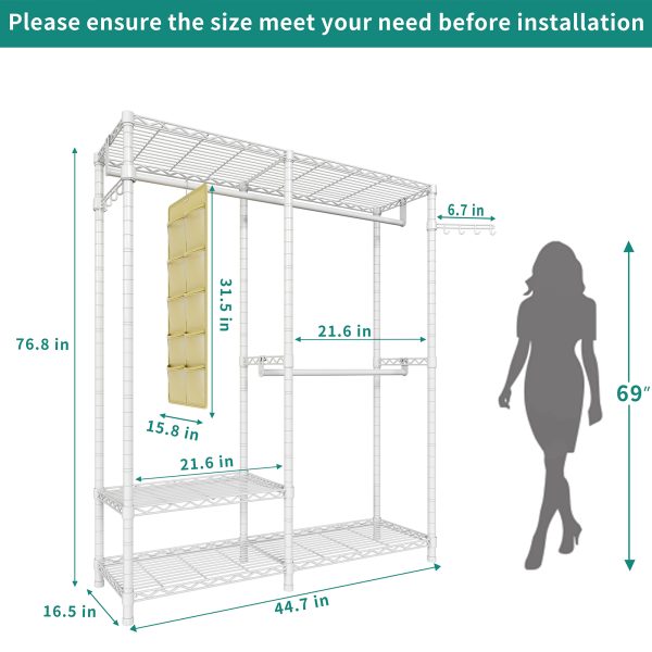 Exglobol Heavy Duty Garment Rack, Metal Closet Organizers and Storage, Wardrobe Clothing Racks for Hanging Clothes, 3 Tiers Adjustable Wire Shelving with 2 Hanger Rods and Side Hooks, White - 图片 3