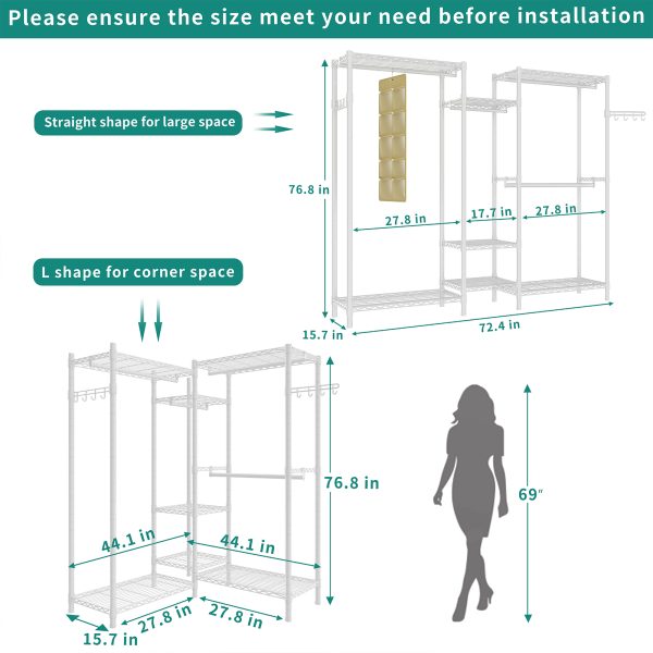 Exglobol Heavy Duty Garment Rack, Portable Wardrobe Clothes Rack Freestanding Adjustable Clothing Rack with 7 Tiers Adjustable Wire Shelving & 4 Hanger Rods, White - 图片 5