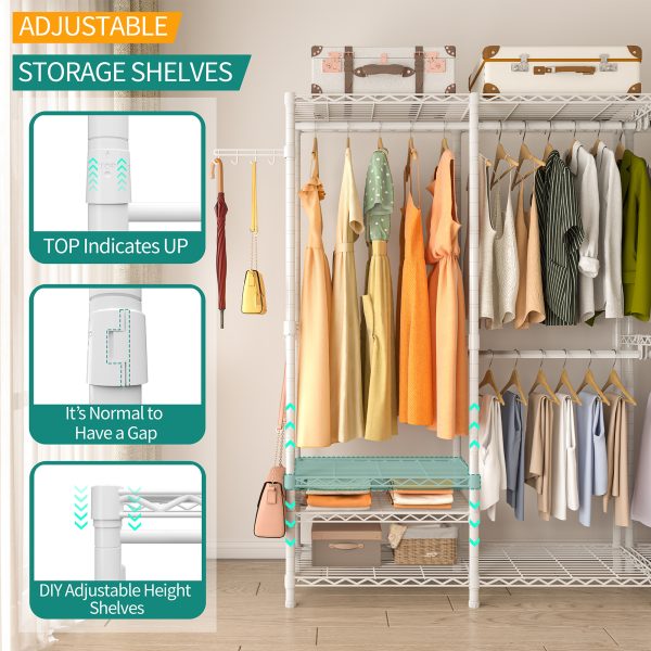 Exglobol Heavy Duty Garment Rack, Metal Closet Organizers and Storage, Wardrobe Clothing Racks for Hanging Clothes, 3 Tiers Adjustable Wire Shelving with 2 Hanger Rods and Side Hooks, White - 图片 4