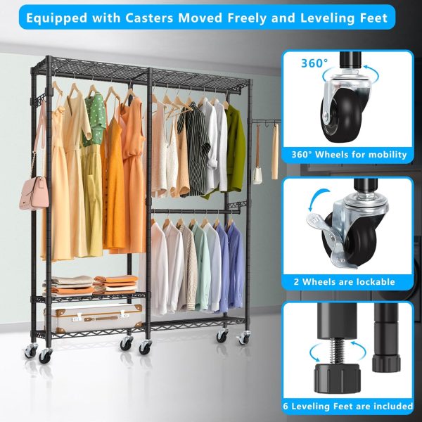 Exglobol Heavy Duty Rolling Garment Rack, 3 Tiers Height Wire Adjustable Rolling Clothing Rack with Lockable Wheels, Portable Freestanding Closet Rack with 2 Hanger Rods for Hanging Clothes - 图片 6