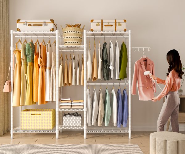 Exglobol Heavy Duty Garment Rack, Portable Wardrobe Clothes Rack Freestanding Adjustable Clothing Rack with 7 Tiers Adjustable Wire Shelving & 4 Hanger Rods, White - 图片 4