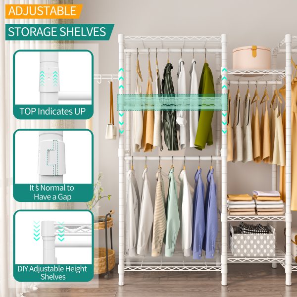 Exglobol Heavy Duty Garment Rack, Portable Wardrobe Clothes Rack Freestanding Adjustable Clothing Rack with 7 Tiers Adjustable Wire Shelving & 4 Hanger Rods, White - 图片 3