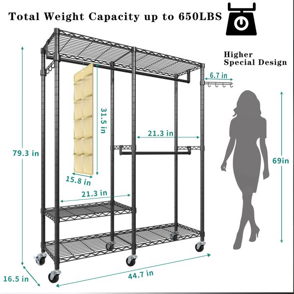 Exglobol Heavy Duty Rolling Garment Rack, 3 Tiers Height Wire Adjustable Rolling Clothing Rack with Lockable Wheels, Portable Freestanding Closet Rack with 2 Hanger Rods for Hanging Clothes - 图片 7