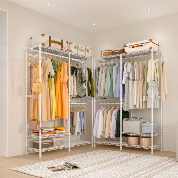 Exglobol Heavy Duty Garment Rack, Metal Closet Organizers and Storage, Wardrobe Clothing Racks for Hanging Clothes, 3 Tiers Adjustable Wire Shelving with 2 Hanger Rods and Side Hooks, White - 图片 5