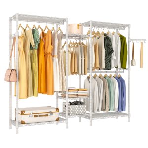 Exglobol Heavy Duty Garment Rack, Portable Wardrobe Clothes Rack Freestanding Adjustable Clothing Rack with 7 Tiers Adjustable Wire Shelving & 4 Hanger Rods, White