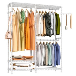 Exglobol Heavy Duty Garment Rack, Metal Closet Organizers and Storage, Wardrobe Clothing Racks for Hanging Clothes, 3 Tiers Adjustable Wire Shelving with 2 Hanger Rods and Side Hooks, White