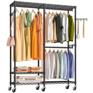 Exglobol Heavy Duty Rolling Garment Rack, 3 Tiers Height Wire Adjustable Rolling Clothing Rack with Lockable Wheels, Portable Freestanding Closet Rack with 2 Hanger Rods for Hanging Clothes