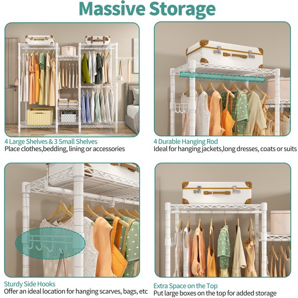 Exglobol Heavy Duty Garment Rack, Portable Wardrobe Clothes Rack Freestanding Adjustable Clothing Rack with 7 Tiers Adjustable Wire Shelving & 4 Hanger Rods, White - 图片 7