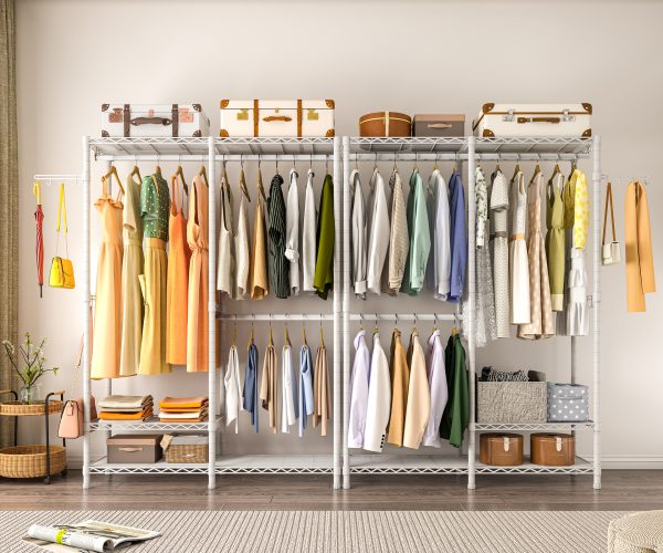 Exglobol Heavy Duty Garment Rack, Metal Closet Organizers and Storage, Wardrobe Clothing Racks for Hanging Clothes, 3 Tiers Adjustable Wire Shelving with 2 Hanger Rods and Side Hooks, White - 图片 7