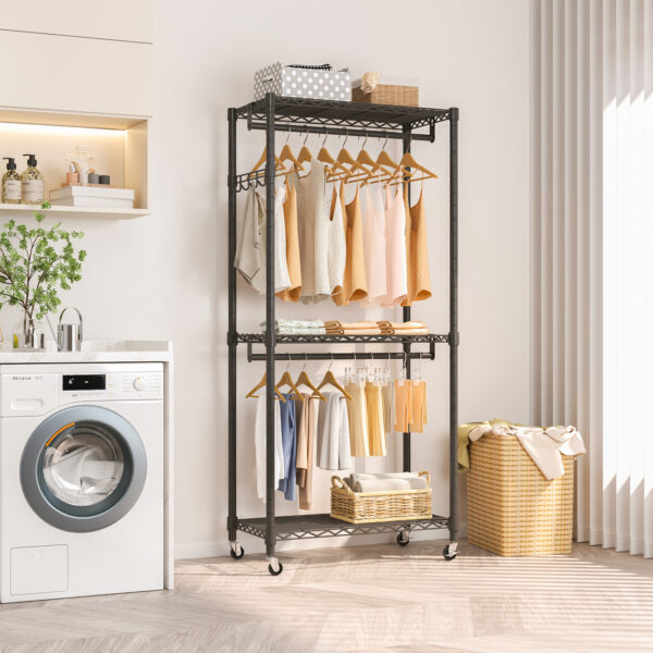 Exglobol Heavy Duty Rolling Garment Rack, 3 Tiers Height Wire Adjustable Rolling Clothing Rack with Lockable Wheels, Portable Freestanding Closet Rack with 2 Hanger Rods，35.5''L x 15.8''W x 78.8''H - 图片 3