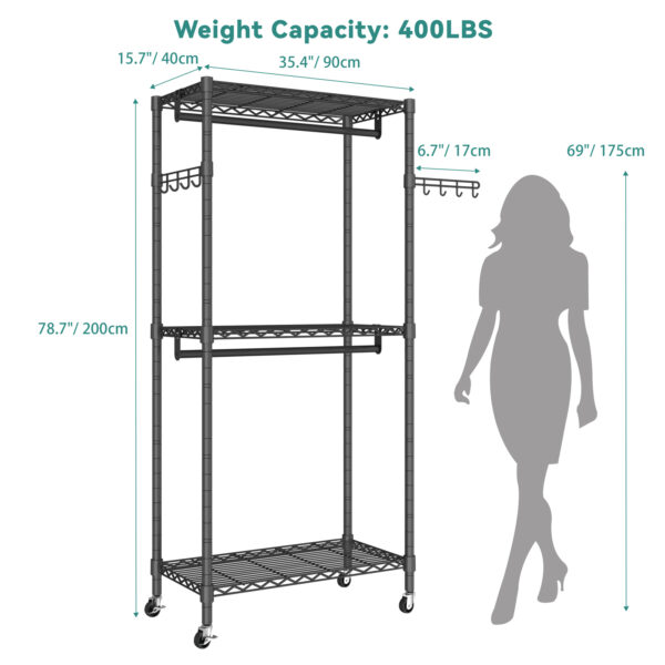 Exglobol Heavy Duty Rolling Garment Rack, 3 Tiers Height Wire Adjustable Rolling Clothing Rack with Lockable Wheels, Portable Freestanding Closet Rack with 2 Hanger Rods，35.5''L x 15.8''W x 78.8''H - 图片 7