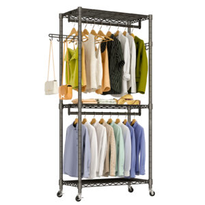 Rolling Clothes Rack, Heavy Duty Garment Rack for Hanging Clothes, Wire Adjustable Rolling Clothing Rack with Lockable Wheels & 2 Hanger Rods, Black 35.4''L x 15.7''W x 78.7”H