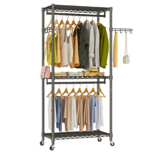 Exglobol Heavy Duty Rolling Garment Rack, 3 Tiers Height Wire Adjustable Rolling Clothing Rack with Lockable Wheels, Portable Freestanding Closet Rack with 2 Hanger Rods,35.5''L x 15.8''W x 78.8''H