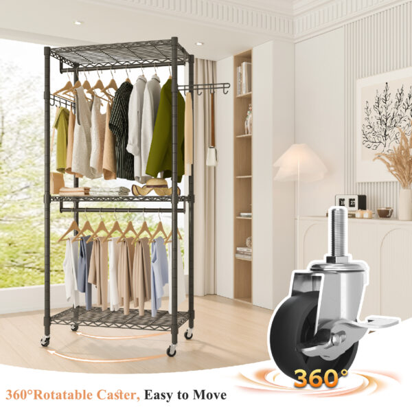 Exglobol Heavy Duty Rolling Garment Rack, 3 Tiers Height Wire Adjustable Rolling Clothing Rack with Lockable Wheels, Portable Freestanding Closet Rack with 2 Hanger Rods，35.5''L x 15.8''W x 78.8''H - 图片 4