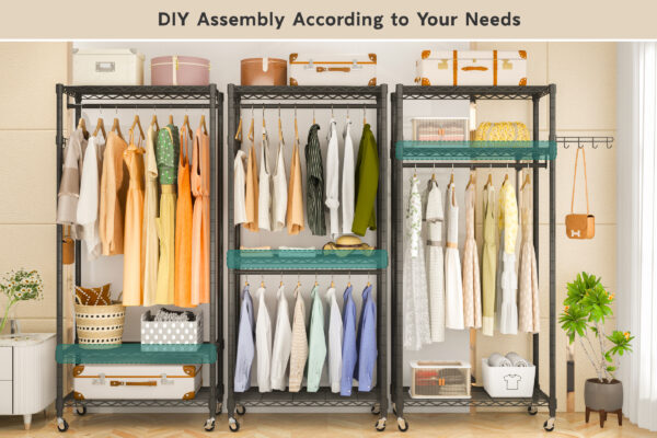Exglobol Heavy Duty Rolling Garment Rack, 3 Tiers Height Wire Adjustable Rolling Clothing Rack with Lockable Wheels, Portable Freestanding Closet Rack with 2 Hanger Rods，35.5''L x 15.8''W x 78.8''H - 图片 5