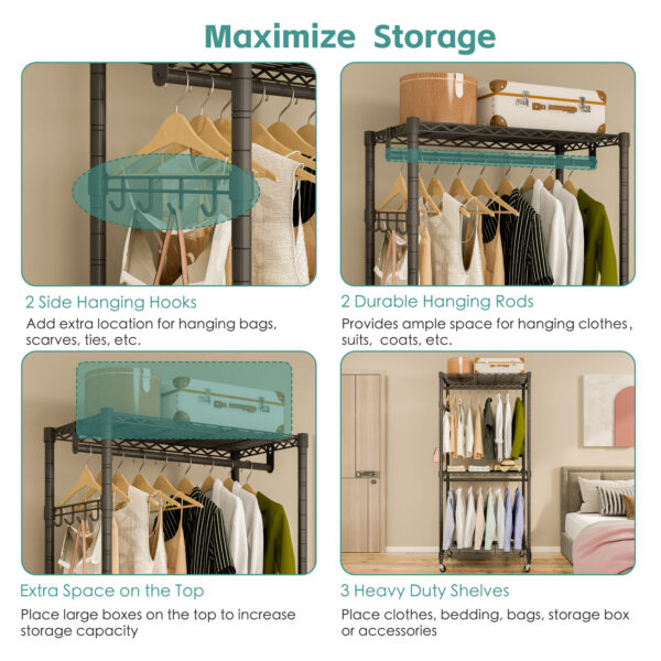 Exglobol Heavy Duty Rolling Garment Rack, 3 Tiers Height Wire Adjustable Rolling Clothing Rack with Lockable Wheels, Portable Freestanding Closet Rack with 2 Hanger Rods，35.5''L x 15.8''W x 78.8''H - 图片 6