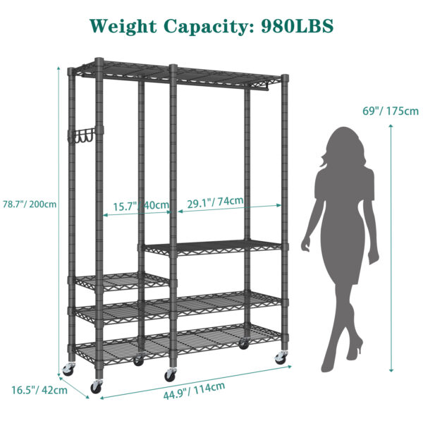 Exglobol Rolling Garment Rack, Metal Heavy Duty 5 Tiers Adjustable Wire Shelves Closet Wardrobe Clothes Racks with Lockable Wheels , 44.9'' L x 16.5'' W x 78.7 '' H, Max Load 980LBS, Black - 图片 9
