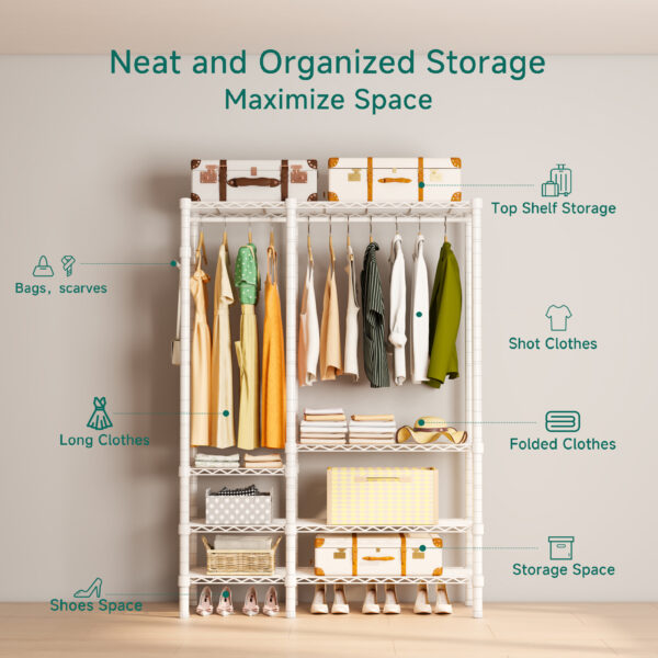 Heavy Duty Garment Rack, Metal Freestanding Closet Wardrobe Clothes Racks for Hanging Clothes, 4 Tiers Adjustable Wire Shelving, 44.9'' L x 16.5'' W x 76.8 '' H, Max Load 980LBS, White - 图片 2