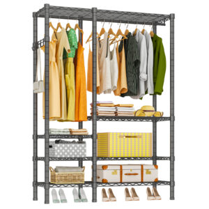 Heavy Duty Garment Rack, Metal Freestanding Closet Wardrobe Clothes Racks for Hanging Clothes, 4 Tiers Adjustable Wire Shelving, 44.9'' L x 16.5'' W x 76.8 '' H, Max Load 850LBS, Black