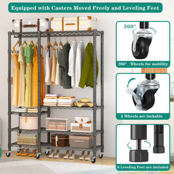 Exglobol Rolling Garment Rack, Metal Heavy Duty 5 Tiers Adjustable Wire Shelves Closet Wardrobe Clothes Racks with Lockable Wheels , 44.9'' L x 16.5'' W x 78.7 '' H, Max Load 980LBS, Black - 图片 3