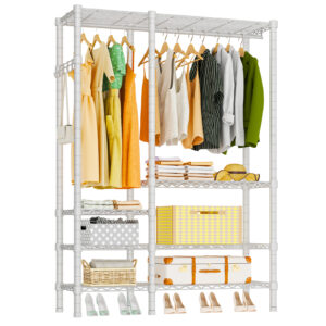 Heavy Duty Garment Rack, Metal Freestanding Closet Wardrobe Clothes Racks for Hanging Clothes, 4 Tiers Adjustable Wire Shelving, 44.9'' L x 16.5'' W x 76.8 '' H, Max Load 980LBS, White