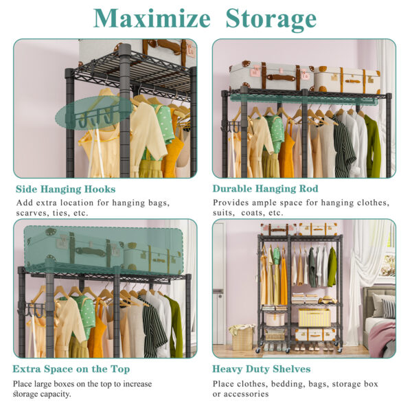 Exglobol Rolling Garment Rack, Metal Heavy Duty 5 Tiers Adjustable Wire Shelves Closet Wardrobe Clothes Racks with Lockable Wheels , 44.9'' L x 16.5'' W x 78.7 '' H, Max Load 980LBS, Black - 图片 5