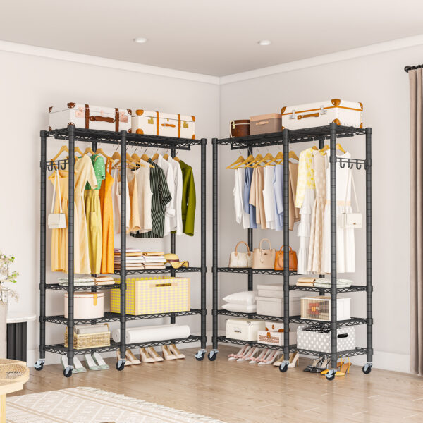 Exglobol Rolling Garment Rack, Metal Heavy Duty 5 Tiers Adjustable Wire Shelves Closet Wardrobe Clothes Racks with Lockable Wheels , 44.9'' L x 16.5'' W x 78.7 '' H, Max Load 980LBS, Black - 图片 8