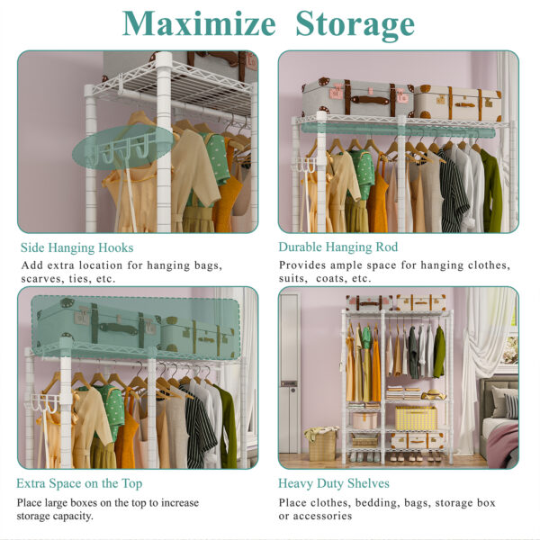 Heavy Duty Garment Rack, Metal Freestanding Closet Wardrobe Clothes Racks for Hanging Clothes, 4 Tiers Adjustable Wire Shelving, 44.9'' L x 16.5'' W x 76.8 '' H, Max Load 980LBS, White - 图片 5