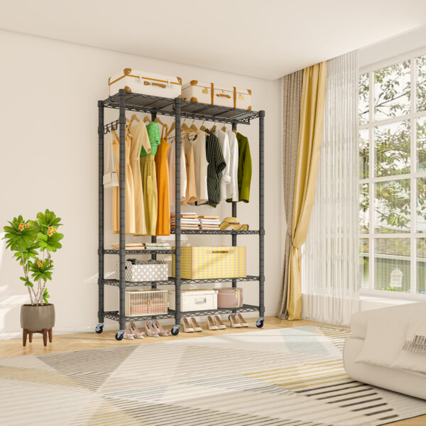 Exglobol Rolling Garment Rack, Metal Heavy Duty 5 Tiers Adjustable Wire Shelves Closet Wardrobe Clothes Racks with Lockable Wheels , 44.9'' L x 16.5'' W x 78.7 '' H, Max Load 980LBS, Black - 图片 6