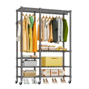 Exglobol Rolling Garment Rack, Metal Heavy Duty 5 Tiers Adjustable Wire Shelves Closet Wardrobe Clothes Racks with Lockable Wheels , 44.9'' L x 16.5'' W x 78.7 '' H, Max Load 980LBS, Black