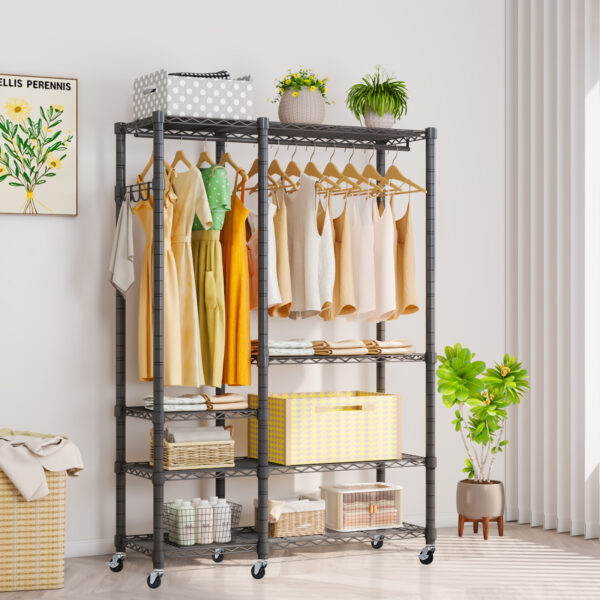 Exglobol Rolling Garment Rack, Metal Heavy Duty 5 Tiers Adjustable Wire Shelves Closet Wardrobe Clothes Racks with Lockable Wheels , 44.9'' L x 16.5'' W x 78.7 '' H, Max Load 980LBS, Black - 图片 7
