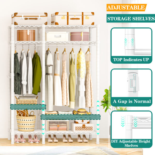 Heavy Duty Garment Rack, Metal Freestanding Closet Wardrobe Clothes Racks for Hanging Clothes, 4 Tiers Adjustable Wire Shelving, 44.9'' L x 16.5'' W x 76.8 '' H, Max Load 980LBS, White - 图片 4