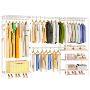 Heavy Duty Garment Rack, Portable Expandable Freestanding 4 Tiers Adjustable Wire Shelves Clothes Rack with 2 Retractable Poles, 70.9-86.6" L x 15.7" W x 70.9" H, Max Load 900LBS, White