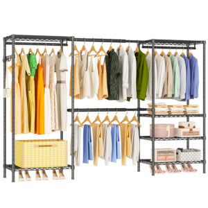 Heavy Duty Garment Rack, Portable Expandable Freestanding 4 Tiers Adjustable Wire Shelves Clothes Rack with 2 Retractable Poles, 70.9-86.6" L x 15.7" W x 70.9" H, Max Load 900LBS, Black